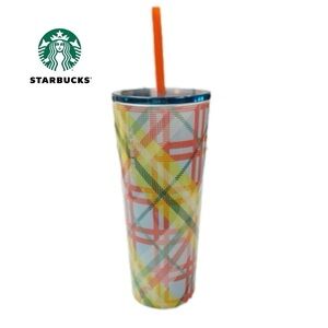 Starbucks Plaid Yellow Green Blue Orange Metal Tumbler 16 oz